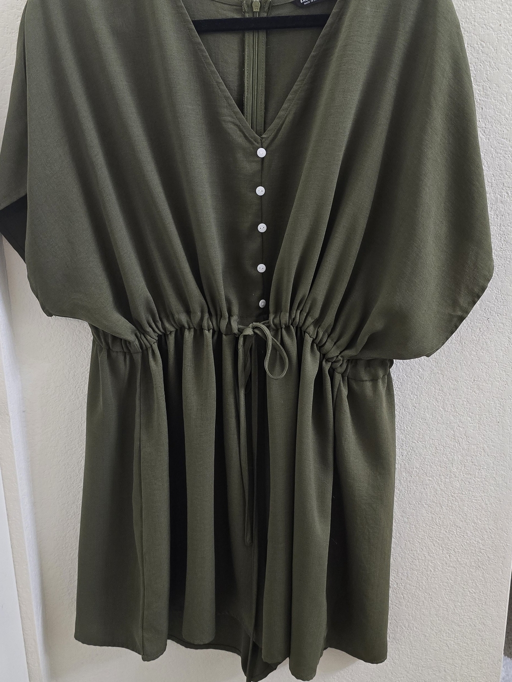 Olive Green V-Neck Drawstring Dress